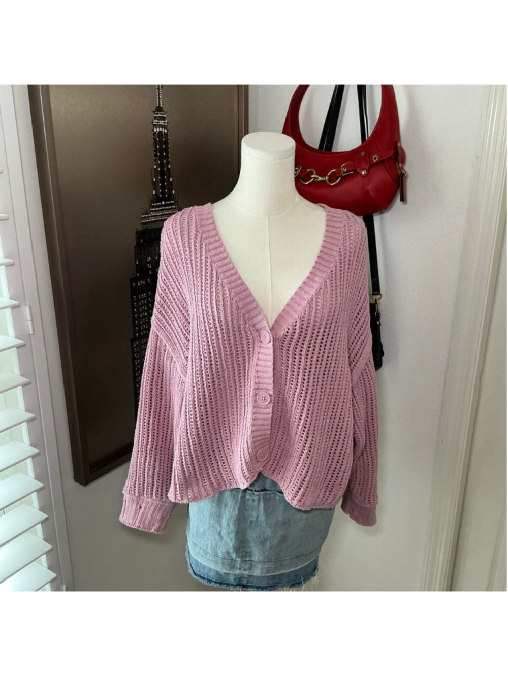 American Eagle Pink Open Knit Oversized Button Front Cardigan Size L